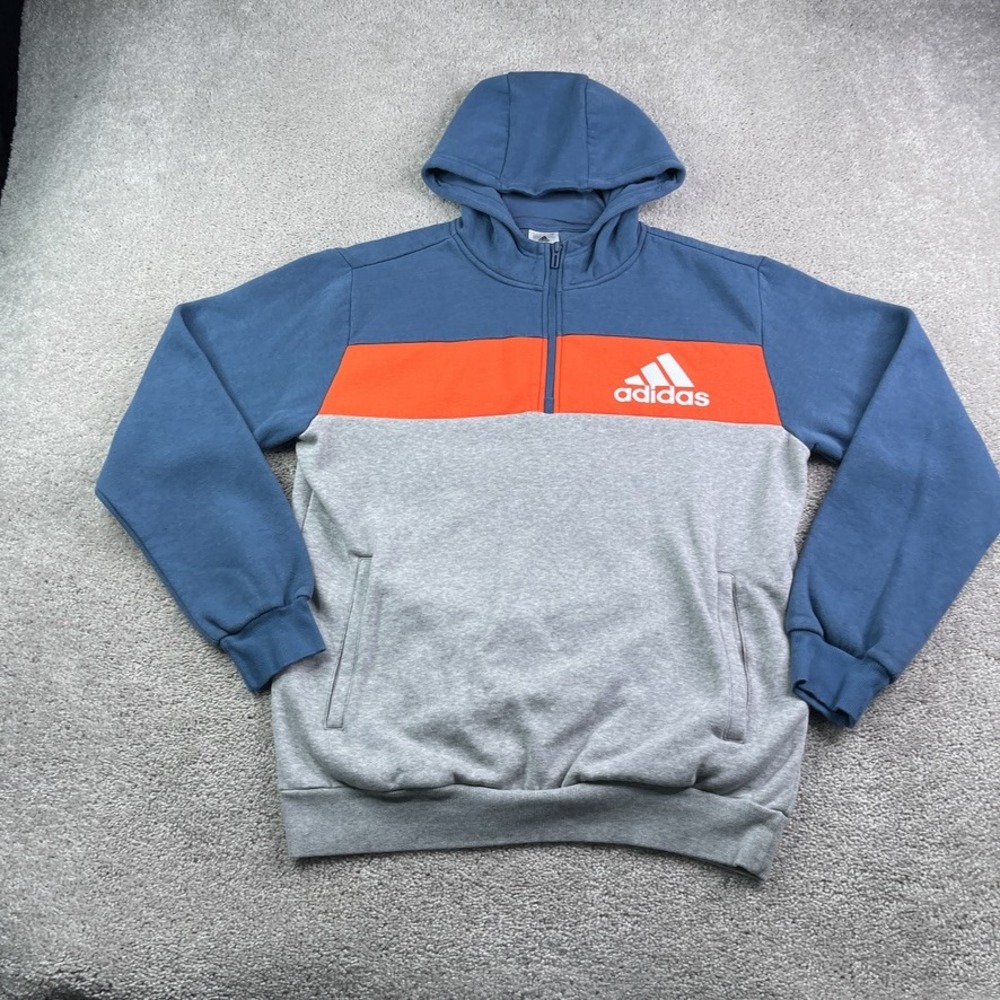 Adidas Hoodie Mens Medium Blue Orange Grey Colorblock Quarter Zip Pullover Logo